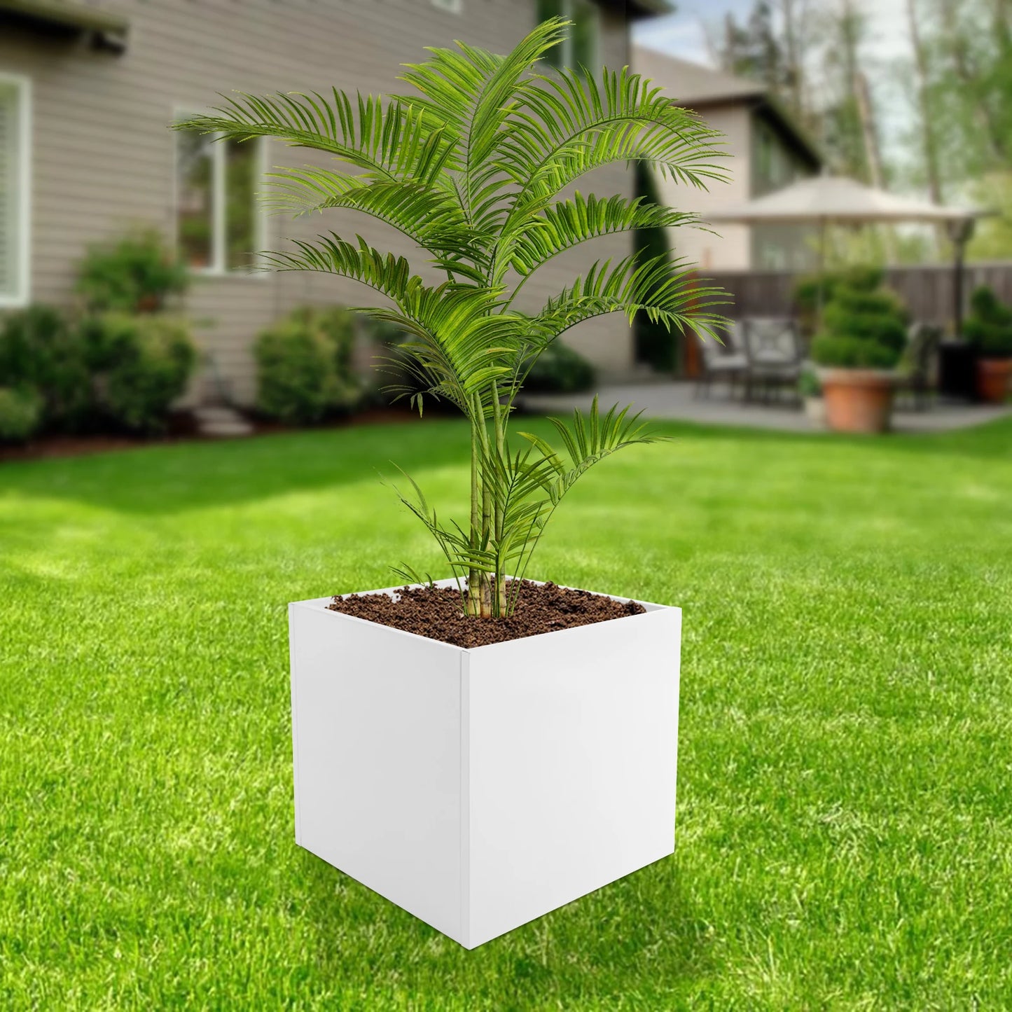 Steel Planter Box, 26x26x26" Raised Garden Bed with Pre-Drilled Hole, Decorative Outdoor Flower Pot for Yard Patio Balcony Plant