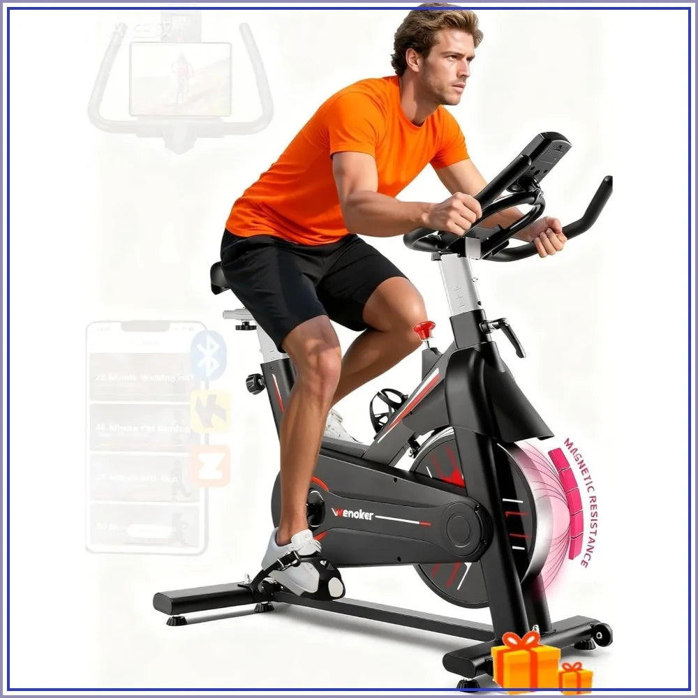 Exercise Bike, Stationary Bike for Home with Adjustable Seat, Multi-grips Handlebar, Transport Wheels, Fitness Courses
