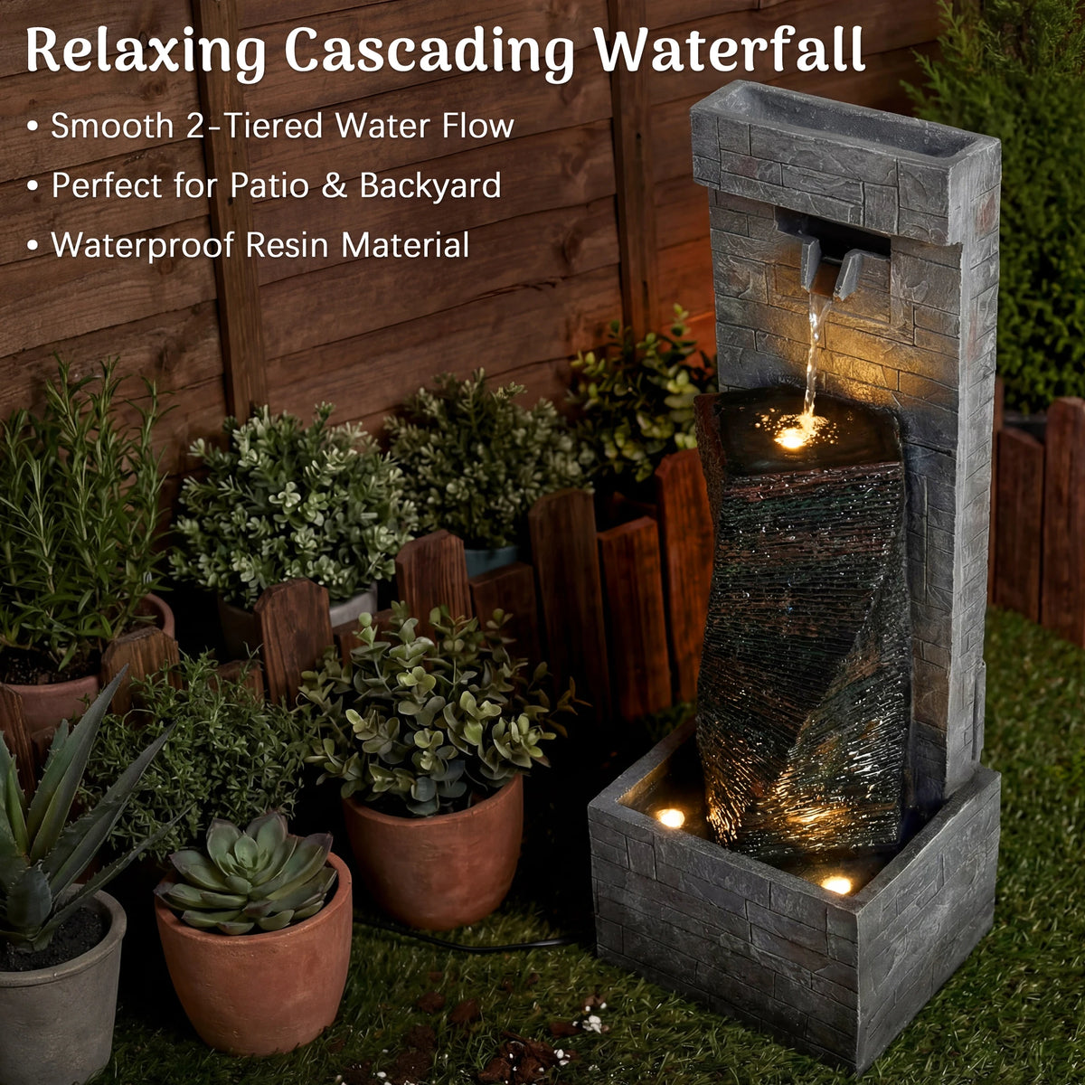 Outdoor Cascading Water Fountain with LED Lights, 14.2''W X 11.8''D X 39.4''H, 2-Tier Cascading Waterfall Feature with Adjustable Flow Pump for Patio, Backyard & Garden