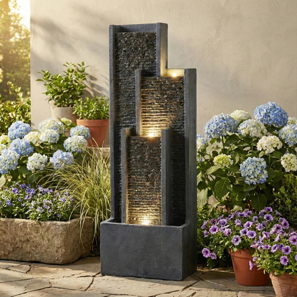 40 Inch Modern Outdoor Water Fountain, Floor Standing Cascading Waterfall with Contemporary Curves, Suitable for Porch, Office, Home Garden, Patio