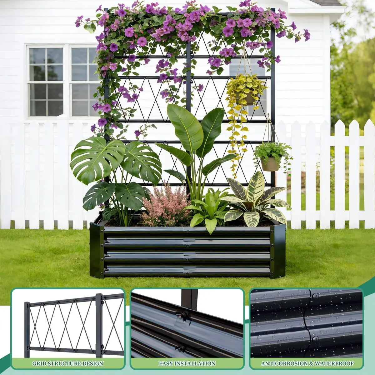 4x2x1FT Galvanized Raised Garden Bed with Arch Trellis for Climbing Vegetables Tomato Cucumber Bean, Heavy Duty Metal Raised Garden Bed Outdoor, Black