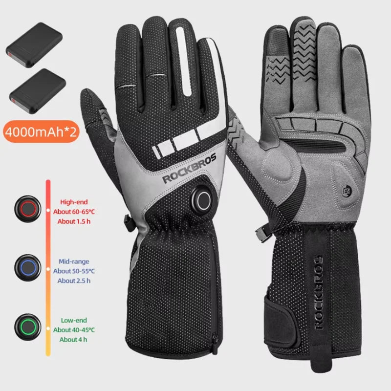 ROCKBROS Heated Skiing Gloves Winter Heated Gloves Motocycle Screen Touch Waterproof Rechargeable 4000mAh Battery Heated Gloves