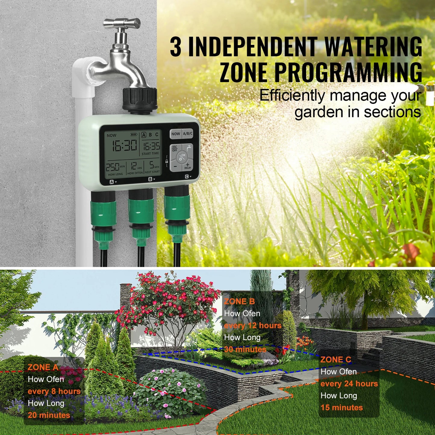 SucceBuy Water Timer 3 Outlets LCD Display Rain Delay Sprinkler Timer
