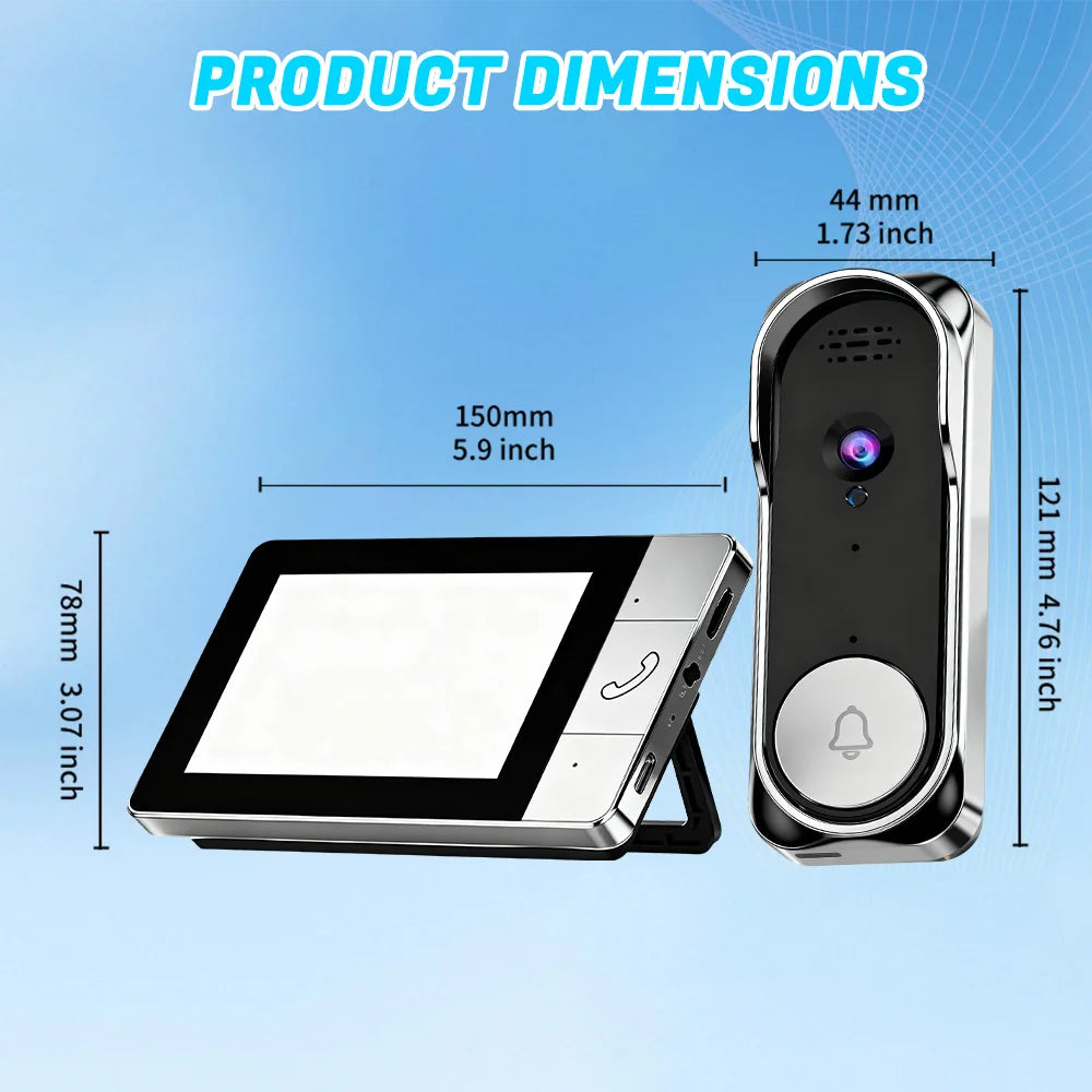 2.4G Wireless Video Doorbell with Indoor Monitor Screen Night Vision Waterproof Intercom Doorbell Camera No Drill Installation Home Security Door Bell