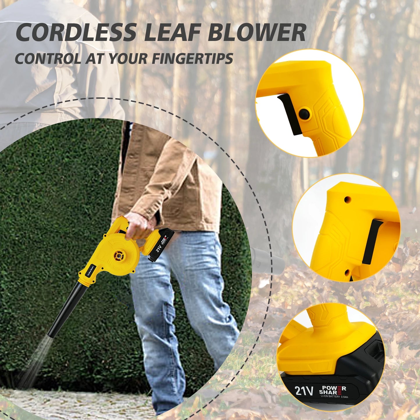 21V Cordless Leaf Blower 2 In 1 15000RPM With Charger