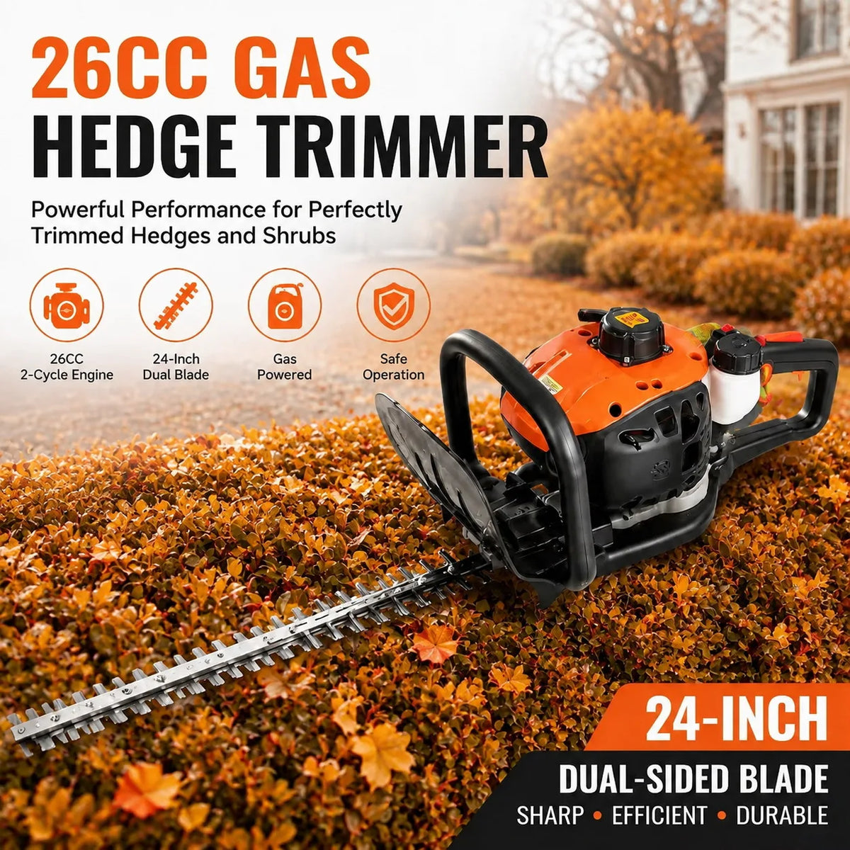 26cc Gas Hedge Trimmer 24 Inch Dual Sided Blade 2 Cycle Engine Garden Trimming Tool for Shrubs Hedges Bushes Yard Maintenance Outdoor Landscaping