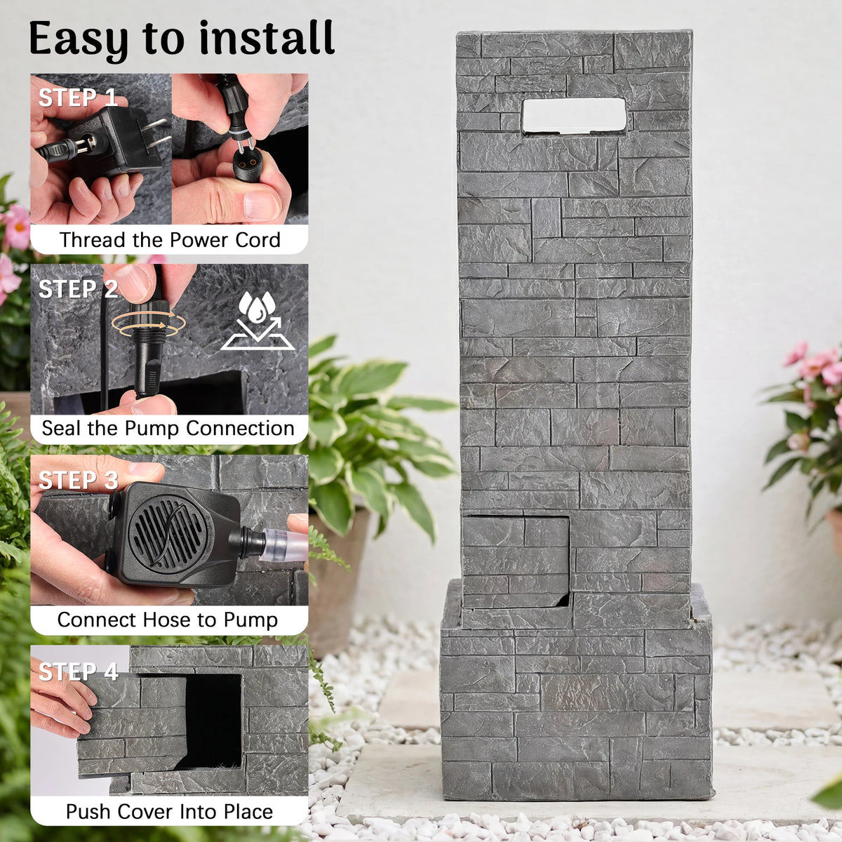 Outdoor Cascading Water Fountain with LED Lights, 14.2''W X 11.8''D X 39.4''H, 2-Tier Cascading Waterfall Feature with Adjustable Flow Pump for Patio, Backyard & Garden