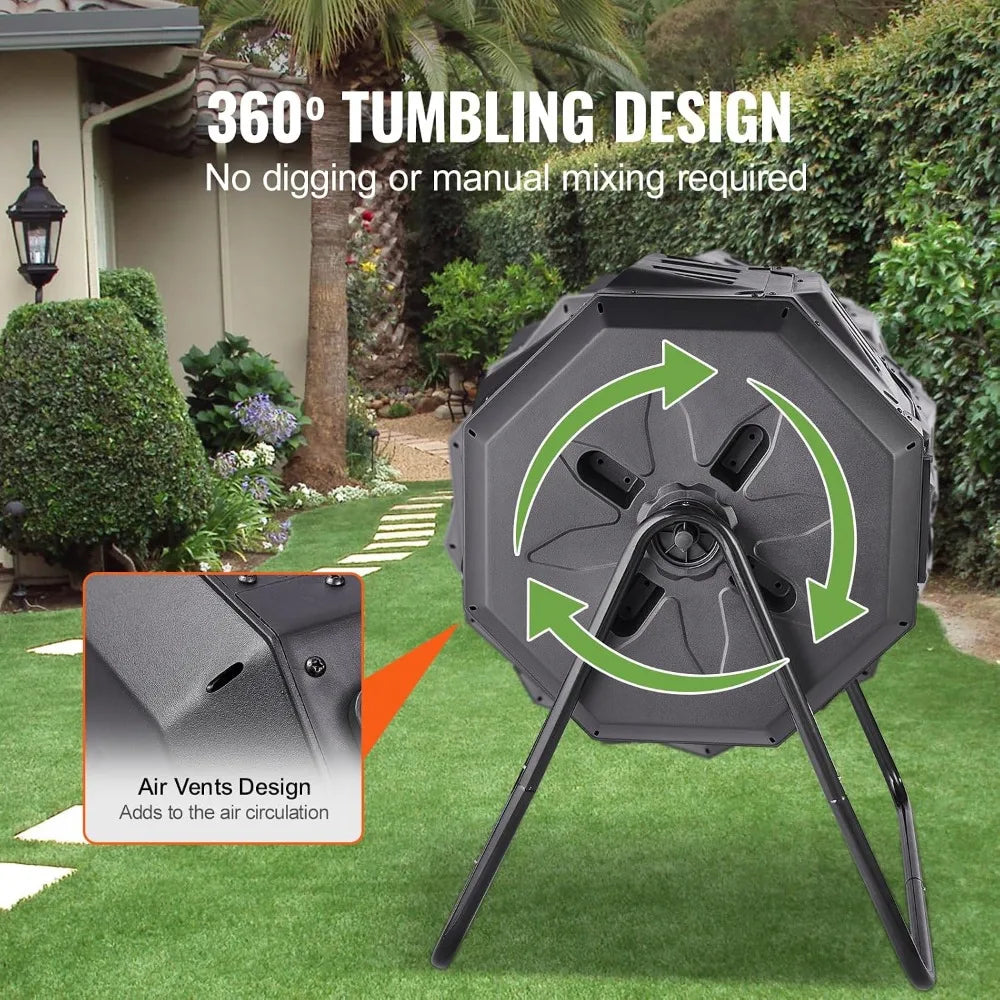 Dual Chamber Composting Tumbler With Sliding Doors And BPA Free Steel Frame