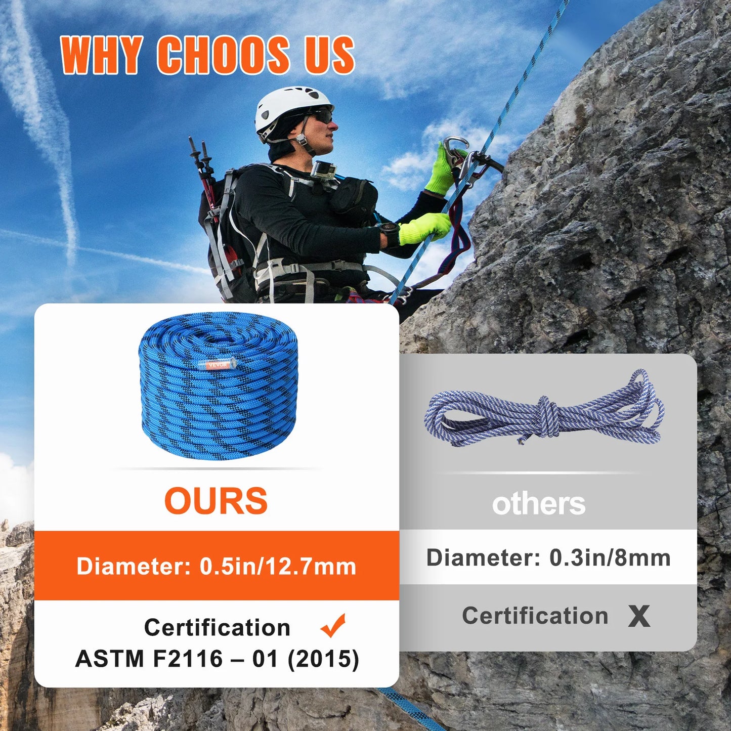 VEVOR Static Climbing Rope 32 Kilonewton Breaking Strength With Steel Snap Hooks
