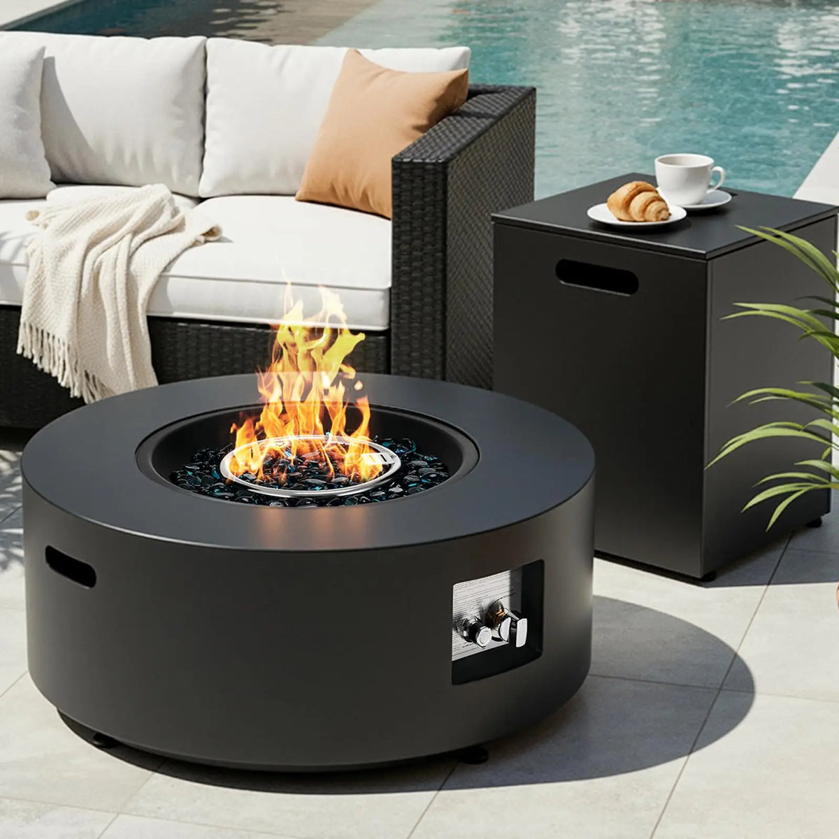 Propane Fire Pit Set - 30" Round Fire Table & Tank Holder, 50,000 BTU Outdoor Fire Pit with Cover, 304 Stainless Burner