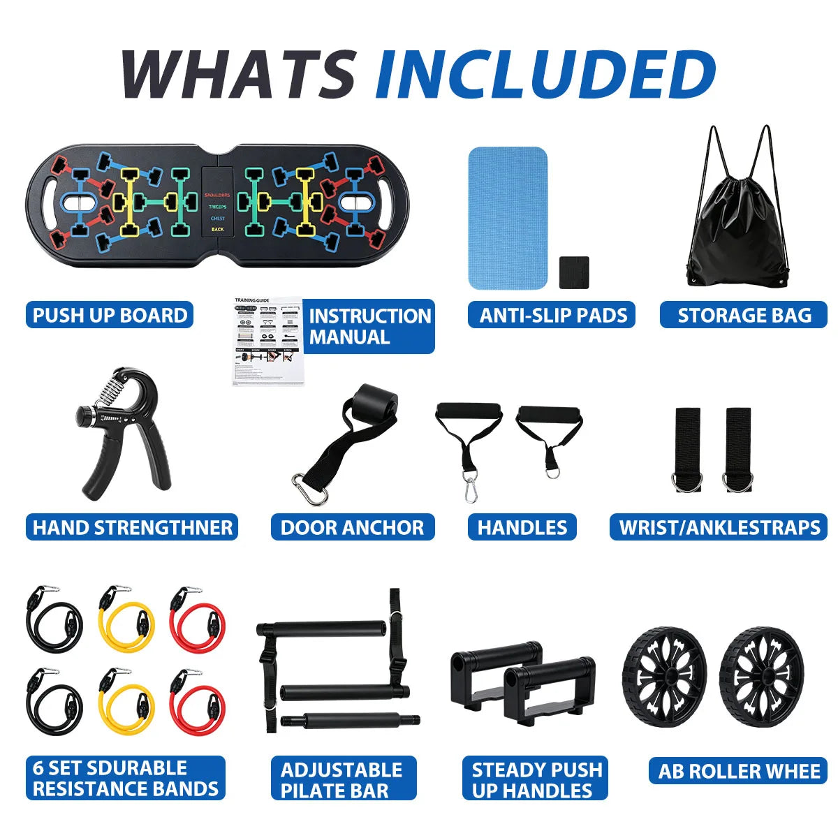 20 in 1 Portable Home Gym Workout Set Foldable Push Up Board with Resistance Bands Pilates Bar Ab Roller Hand Grip Trainer Full Body Fitness Equipment for Home Travel Exercise