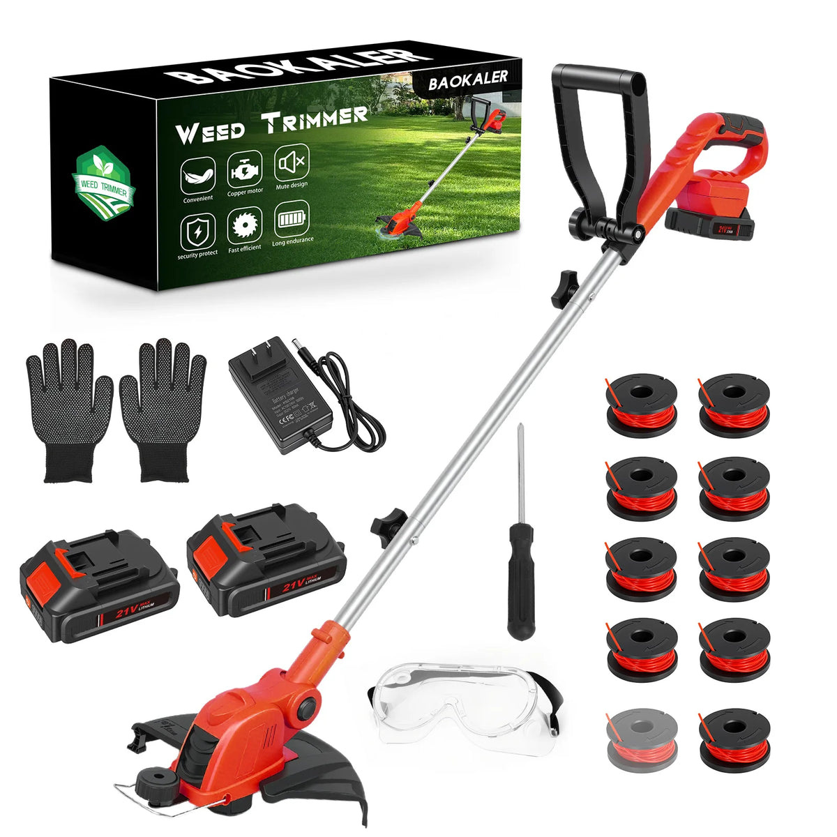 3 In1 Cordless String Trimmer 12-Inch 90° Rotatable Electric Lawn Mower Lightweight Brushless 9650RPM 10 Spools 2x2.0Ah Batteries & Charger for Lawn Garden Power Tool