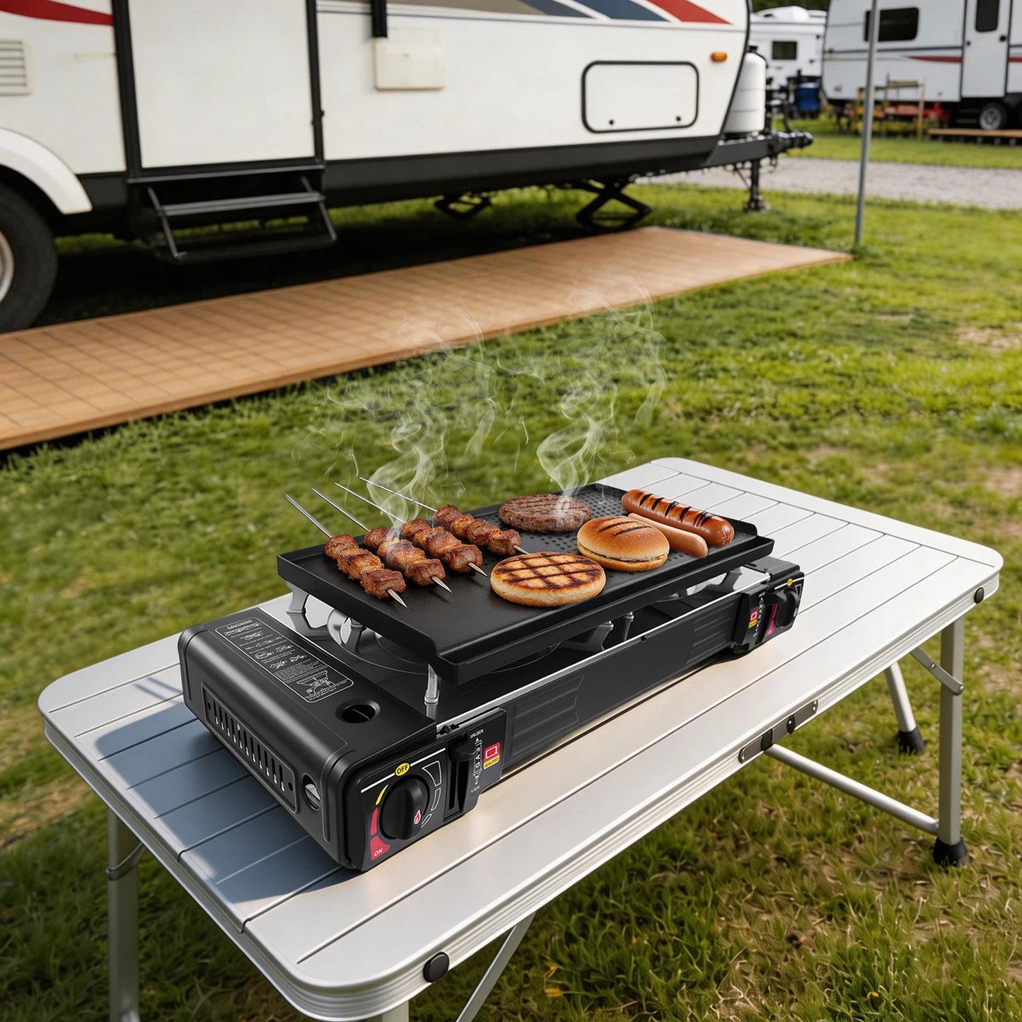 Camping Propane Stove Dual Burner With Griddle For Outdoor Cooking