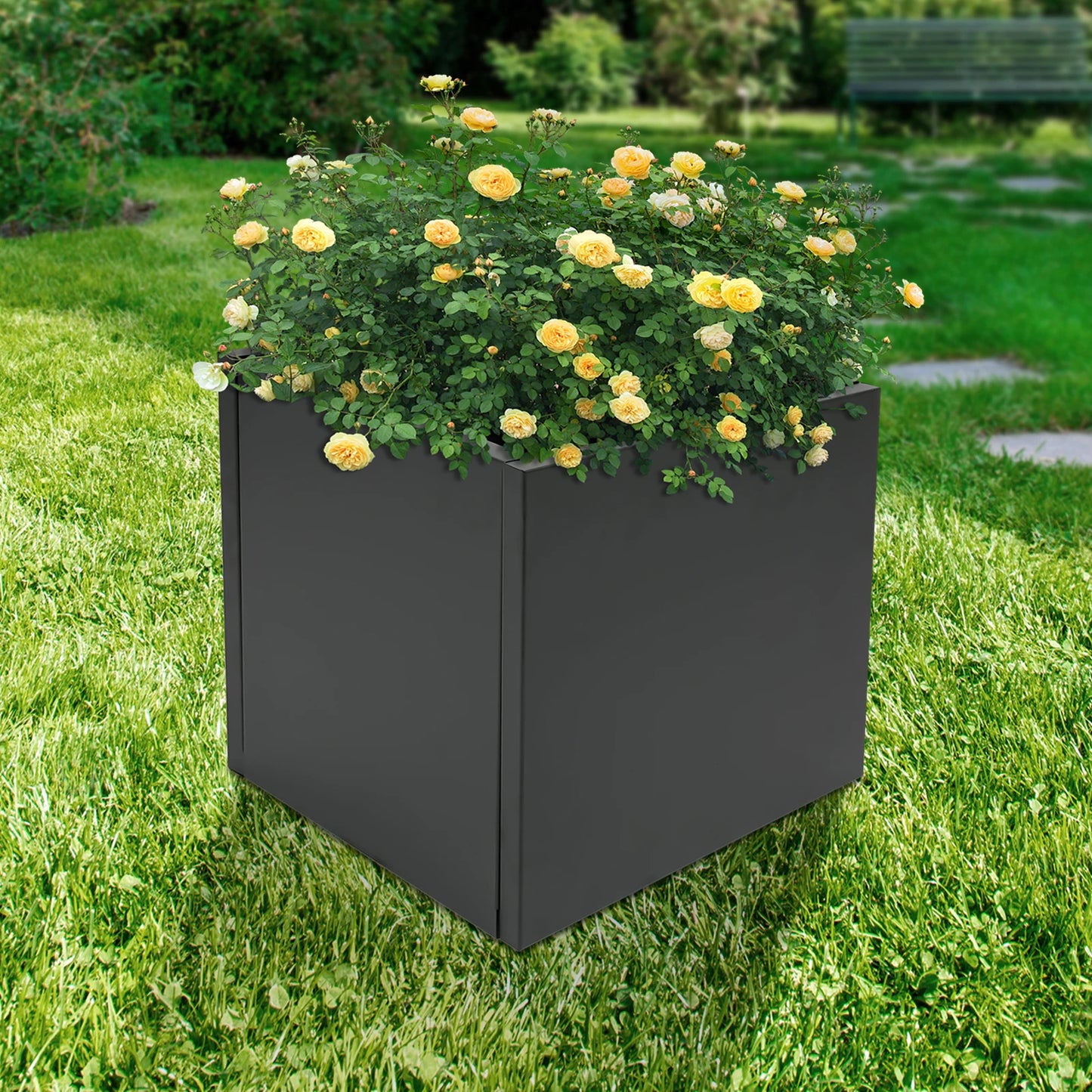 Steel Planter Box, 32x32x32" Raised Garden Bed with Pre-Drilled Hole, Decorative Outdoor Flower Pot for Yard Patio Balcony Plant