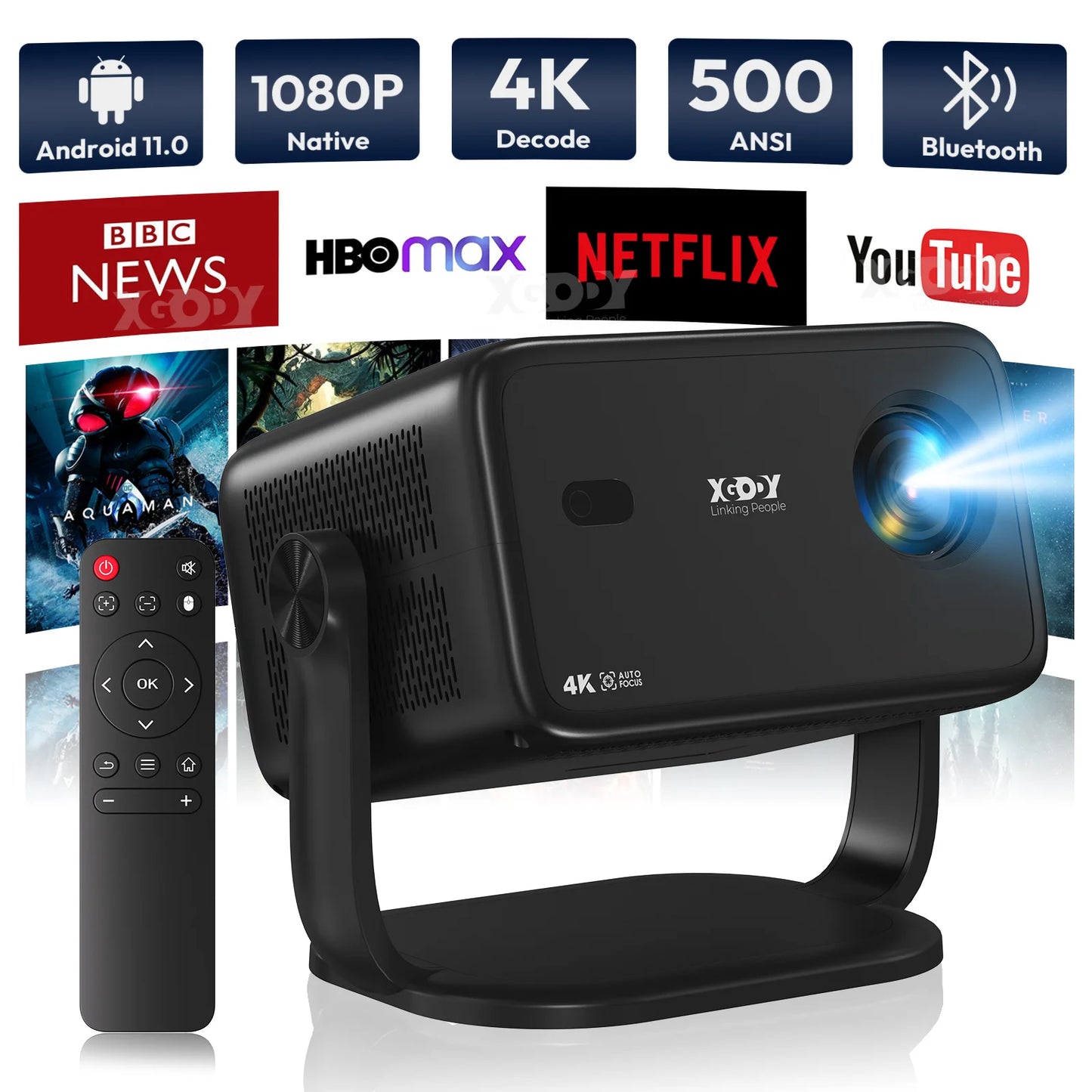 XGODY 4K Android Projector Keystone WiFi 6 BT FivePointFour