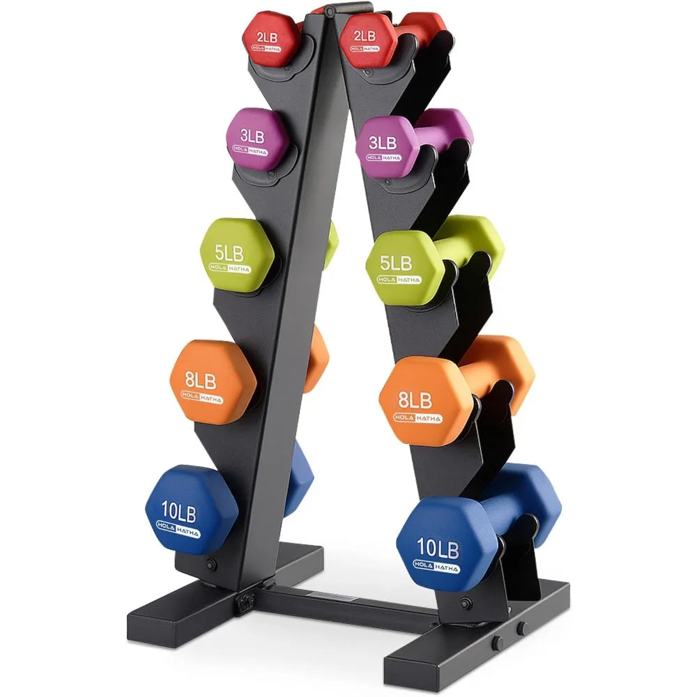 HolaHatha 2, 3, 5, 8, and 10 Pound Neoprene Dumbbell Free Hand Weight Set with Rack, Ideal for Home Exercises to Gain