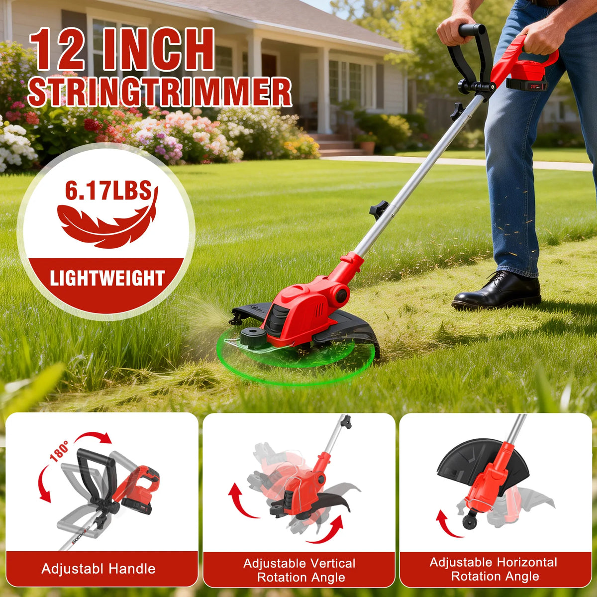 12-Inch Cordless String Trimmer 90° Rotatable Lawn Mower 9650RPM10 Spools 2x2.5Ah Batteries & Charger for Lawn Garden Tools