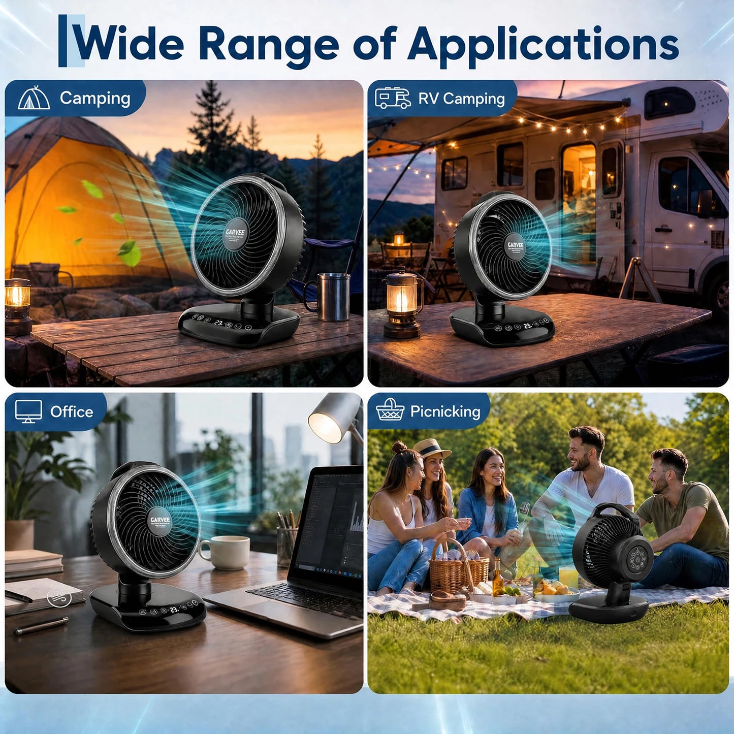 Portable Camping Fan 20000mAh Rechargeable Battery Fan With Remote Timer LED Light 5 Speeds Rotatable For Tent Travel Car Outdoor