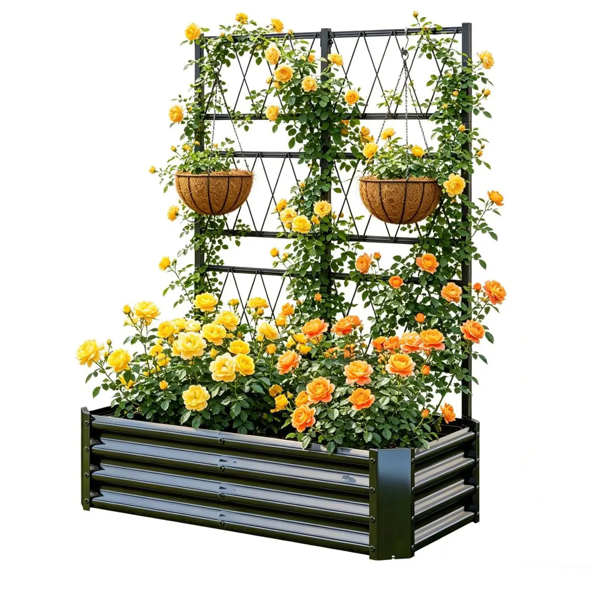 4x2x1FT Galvanized Raised Garden Bed with Arch Trellis for Climbing Vegetables Tomato Cucumber Bean, Heavy Duty Metal Raised Garden Bed Outdoor, Black