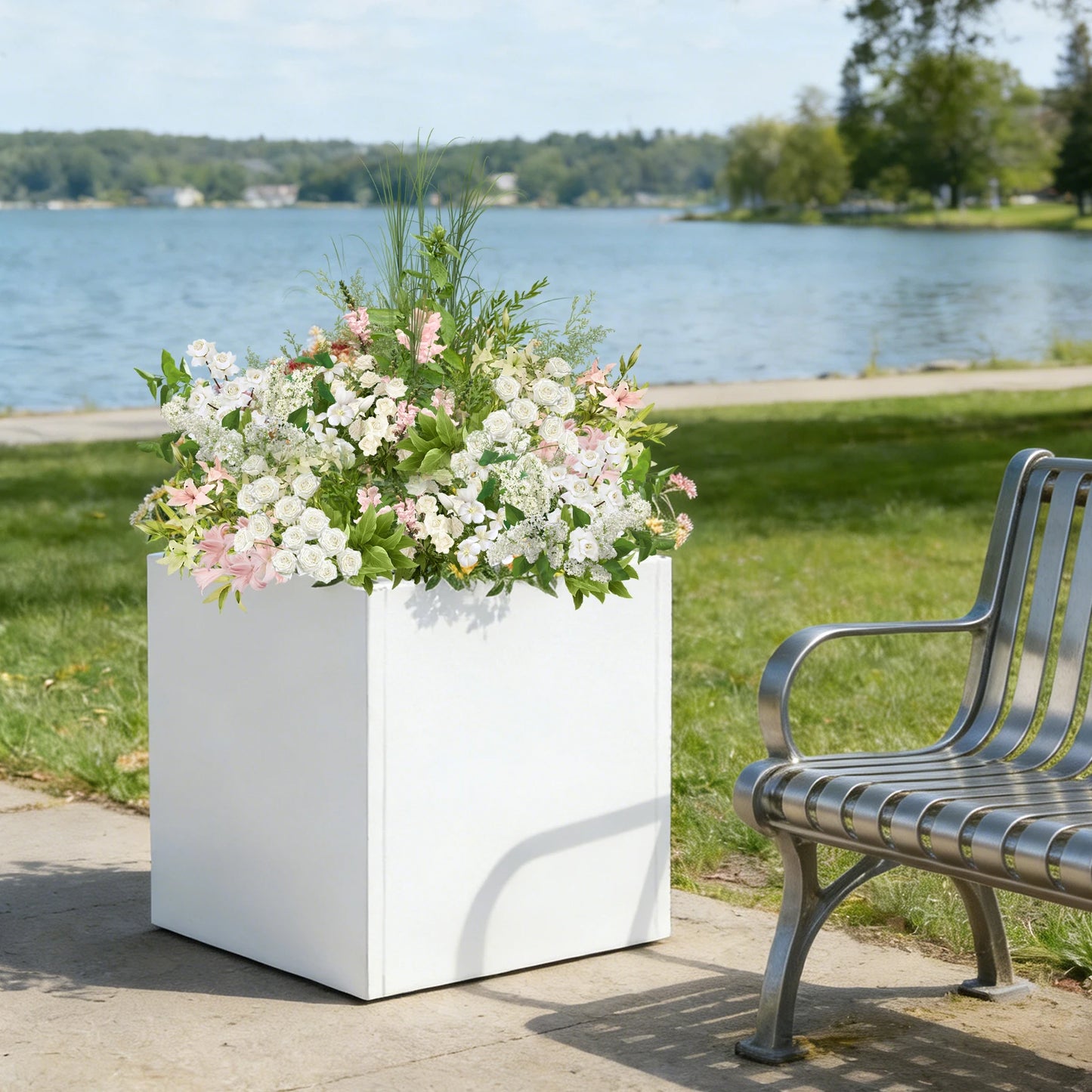 Garden Planter Box, Steel 20 Inch Square Decorative Flower Pot Large Capacity Raised Bed for Outdoor Plants, Patio Home Decor