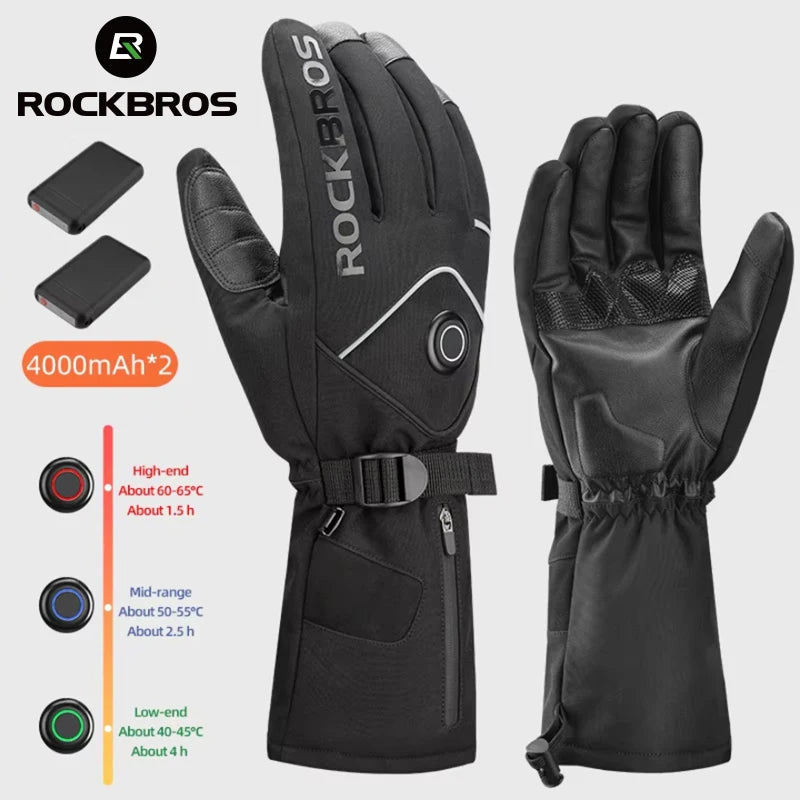 ROCKBROS Heated Skiing Gloves Winter Heated Gloves Motocycle Screen Touch Waterproof Rechargeable 4000mAh Battery Heated Gloves