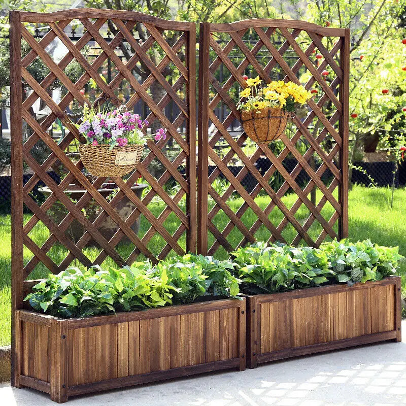 Raised Wooden Garden Bed With Trellis For Vegetable Plants