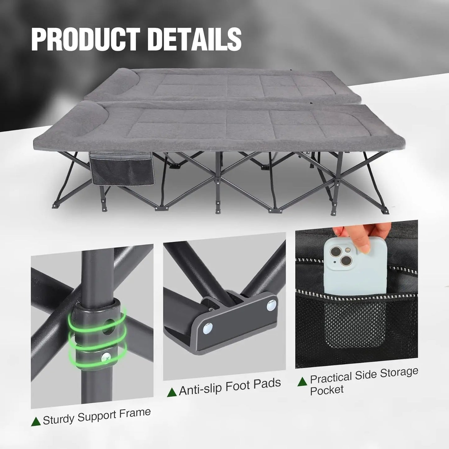 Extra Wide Two Person Camping Cot Heavy Duty With Pillow