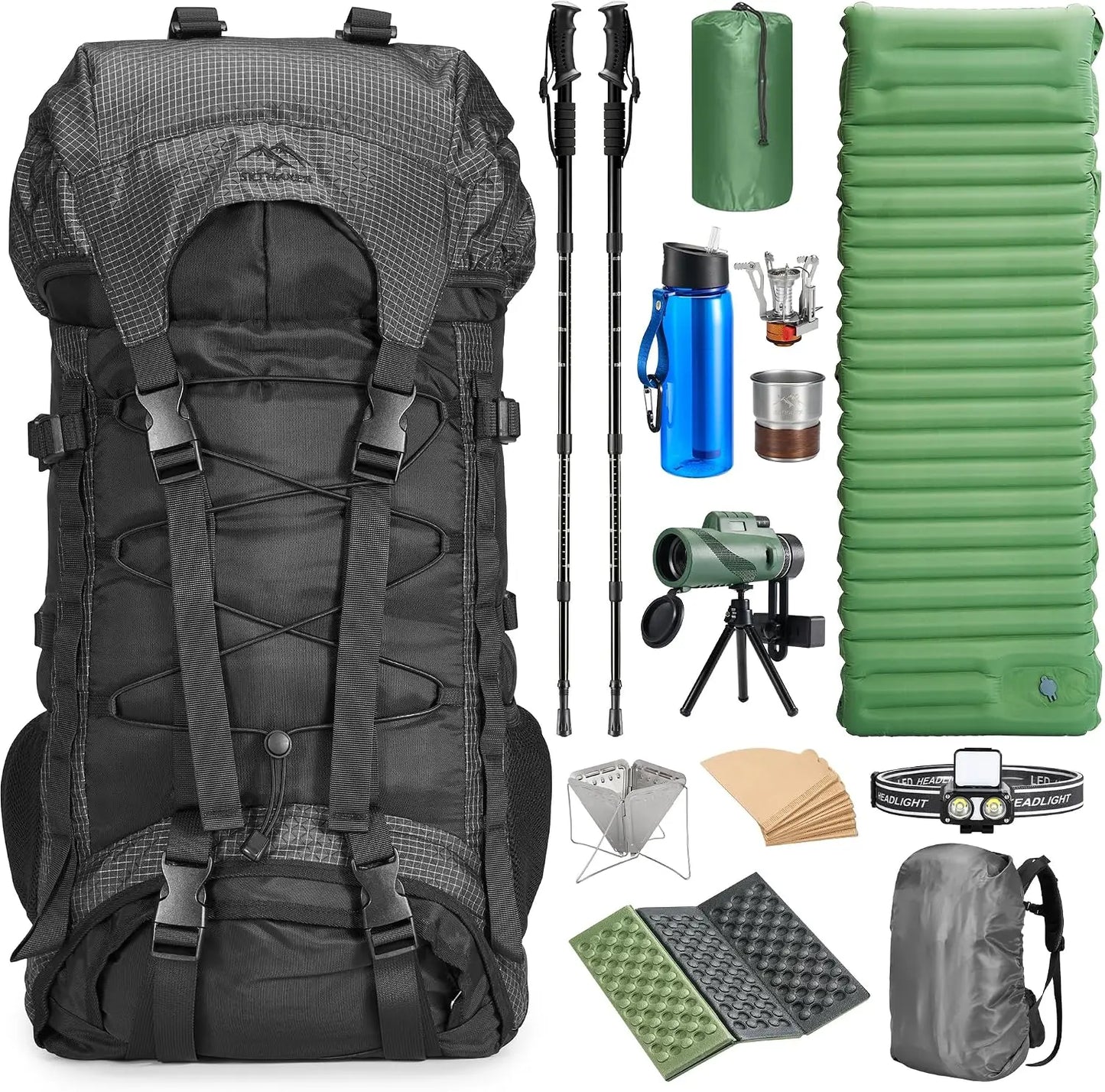 Complete Hiking Camping Backpack Set with Inflatable Sleeping Pad, Trekking Poles, Monocular, Water Filter Bottle & LED Headlamp - Outdoor Adventure Gear
