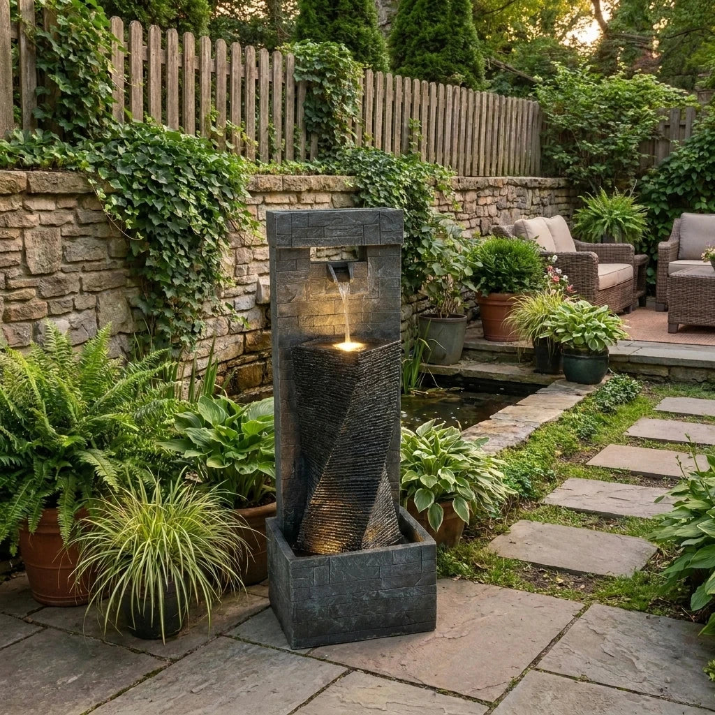 Outdoor Cascading Water Fountain with LED Lights, 14.2''W X 11.8''D X 39.4''H, 2-Tier Cascading Waterfall Feature with Adjustable Flow Pump for Patio, Backyard & Garden