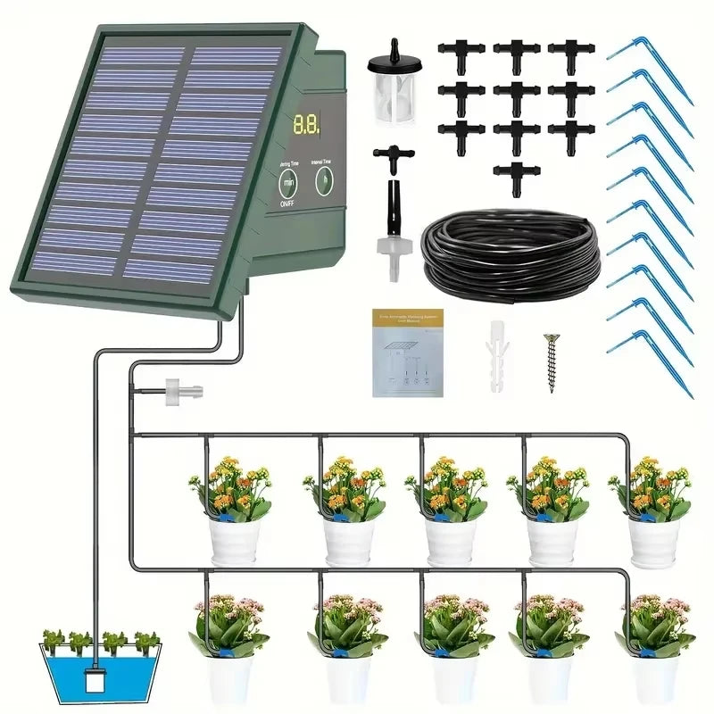 Solar Drip Irrigaton System,  Automatic Watering System with 300 Watering Programmes, Garden Watering Kit with 10M Hose&10 Drip Tips etc, Suitable for Vegetables/Potted Plants/Fruit Trees