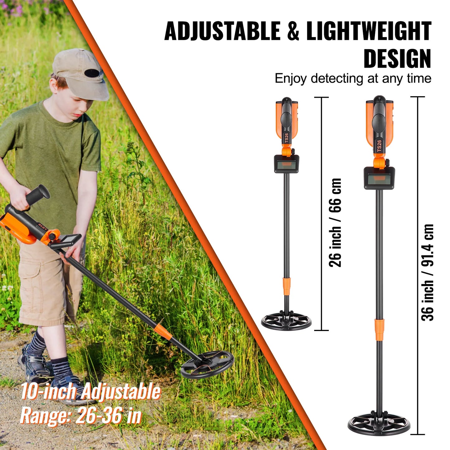 SucceBuy Metal Detector for Kids 6 Inch 25''-37'' Adjustable Length IP68 Waterproof Search Coil & LCD Display for Detecting Gold