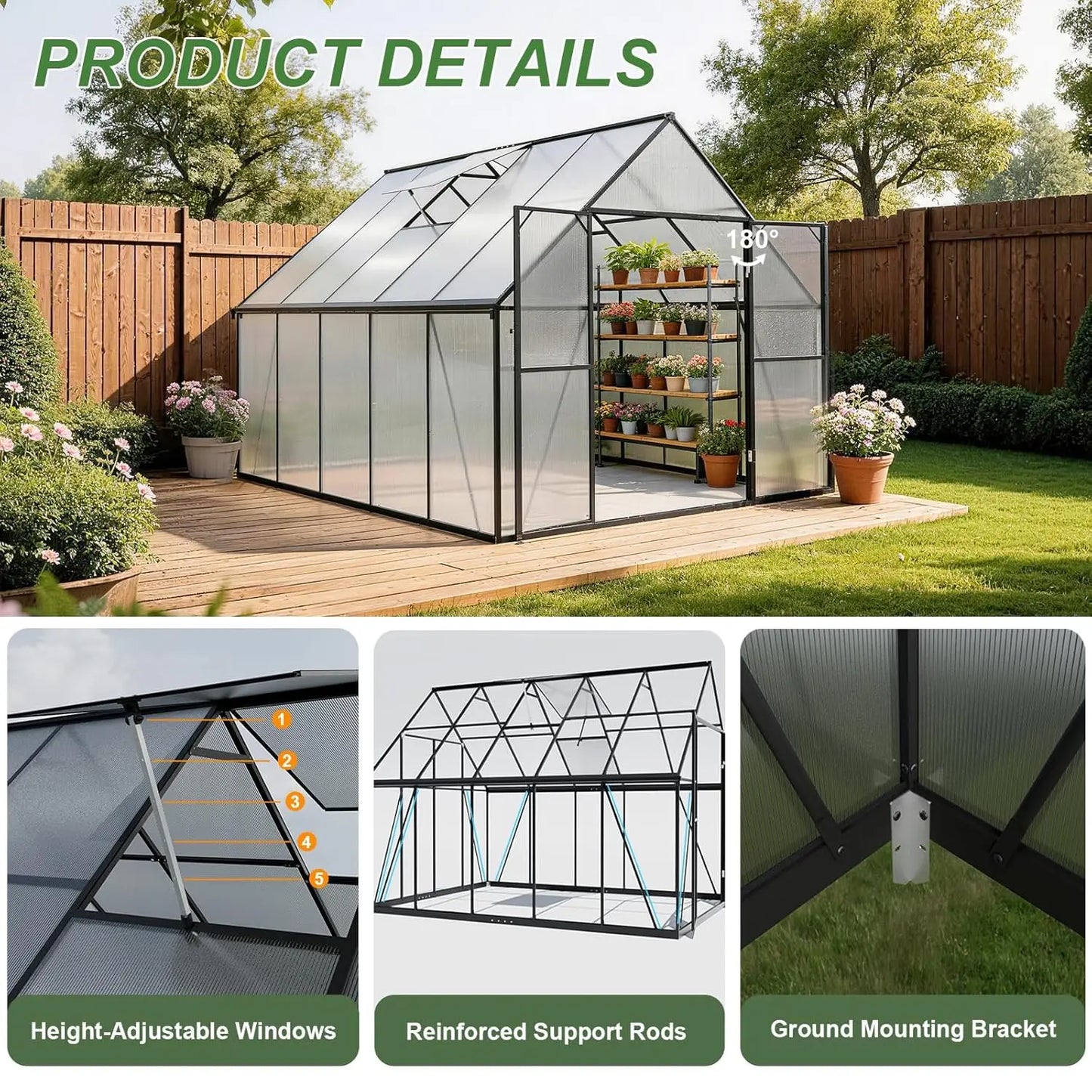 Heavy Duty Aluminum Frame Polycarbonate Greenhouse With Adjustable Roof Vent