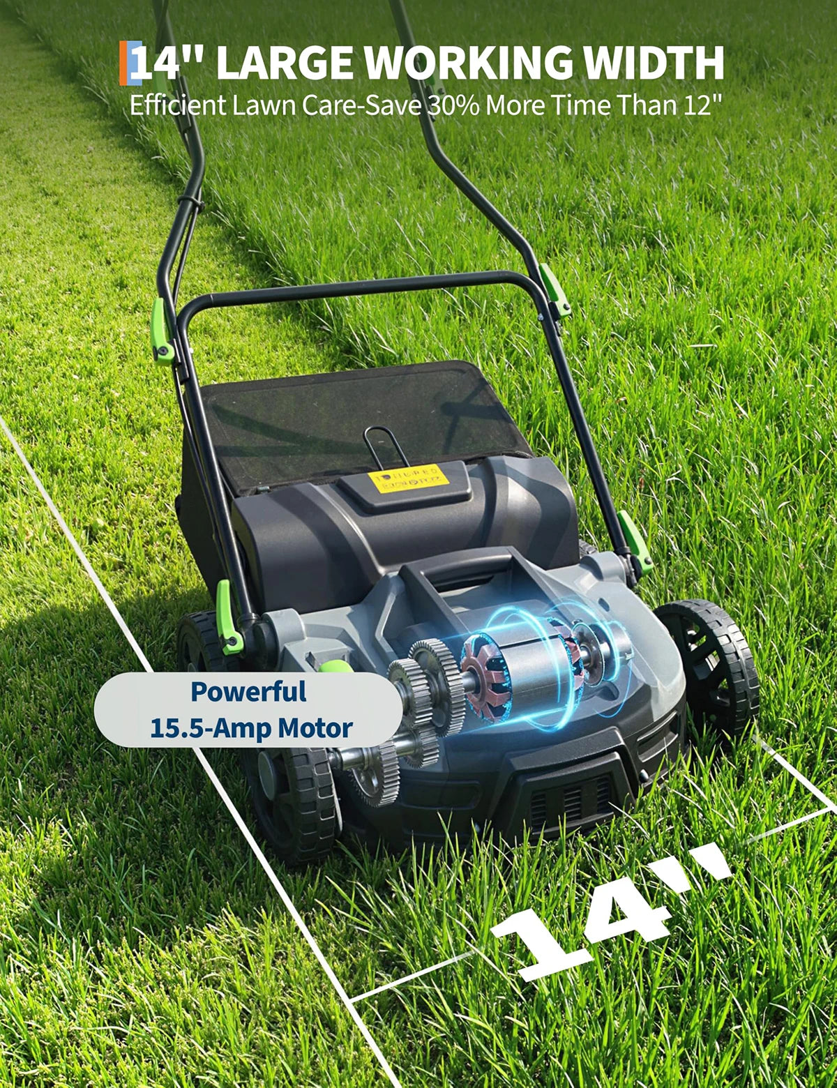 15.5 Amp 14-Inch Electric Lawn Dethatcher Scarifier, Corded Lawn Aerator With 14.5 Gal Bag, 5-Depth Adjustable Handle