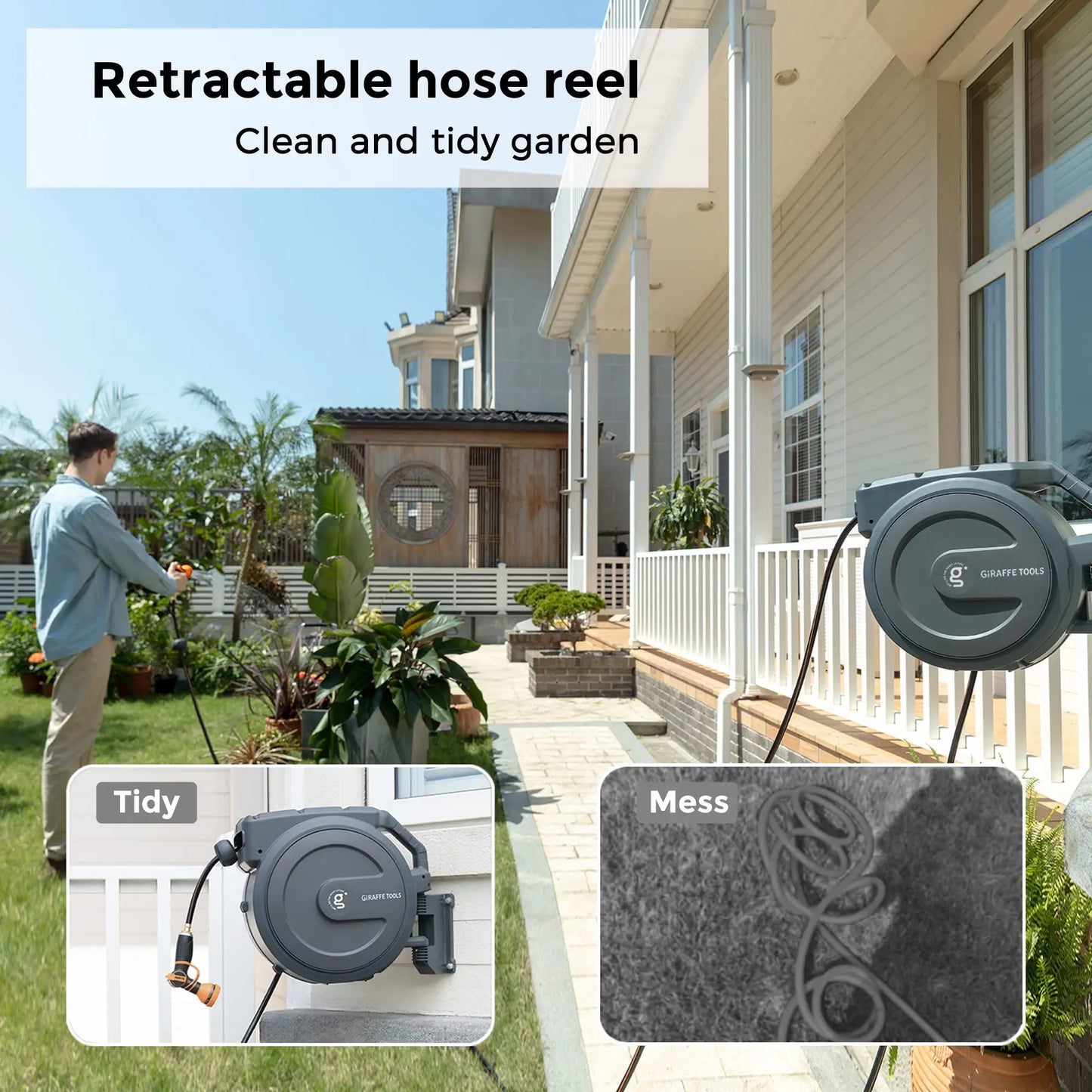 Giraffe Tools AW30 Wall Mounted 1/2" x 100 ft Garden Hose Reel, Retractable Water Hose Reel, Automatic Rewind & Lock at Any Length