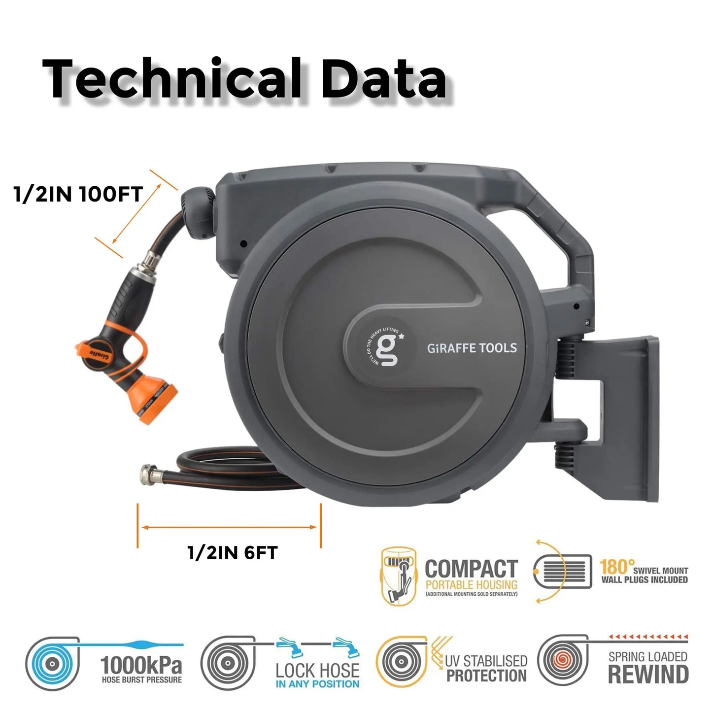 Giraffe Tools AW30 Wall Mounted 1/2" x 100 ft Garden Hose Reel, Retractable Water Hose Reel, Automatic Rewind & Lock at Any Length