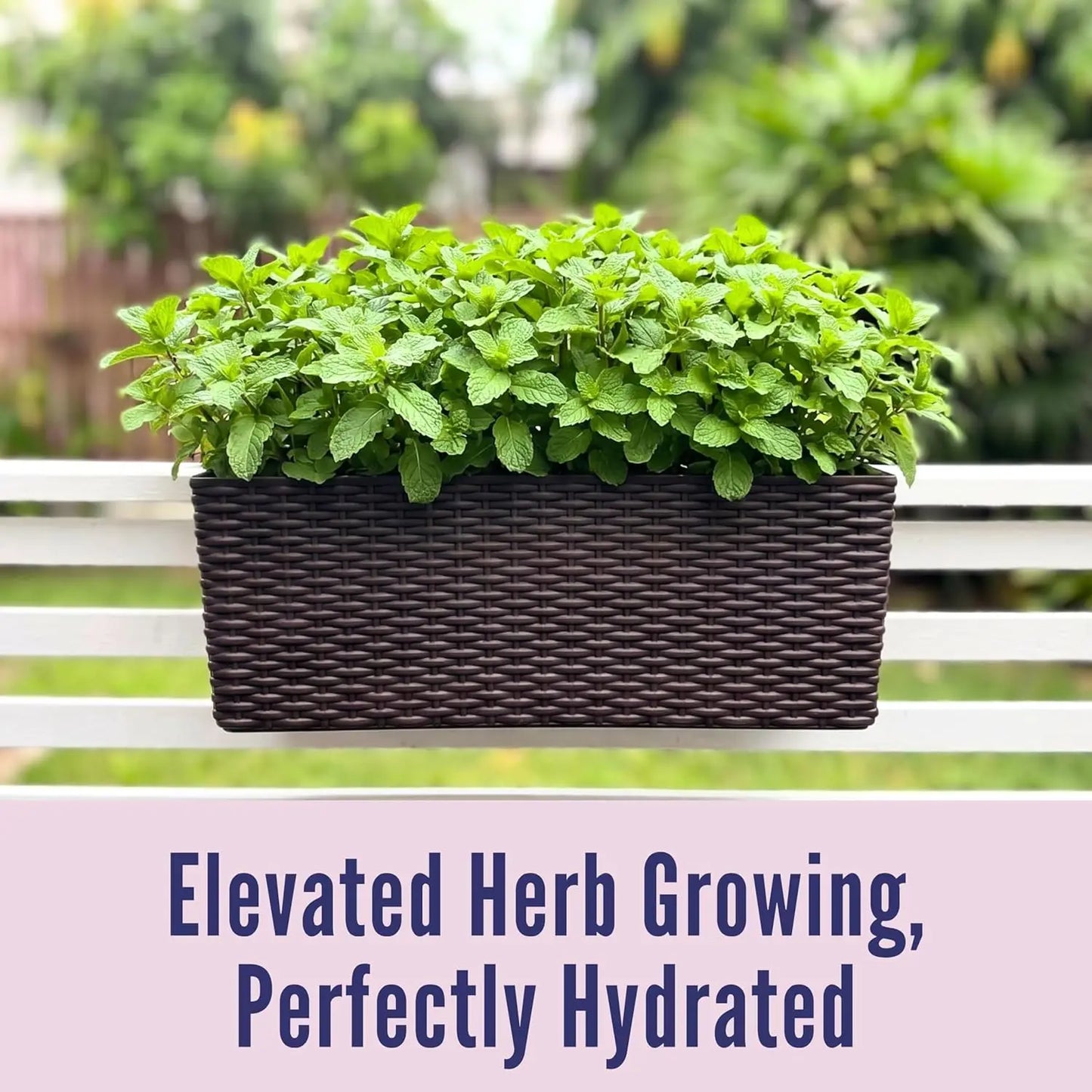 Self-Watering Rail Planter 20" 2-Pack, Black Rectangular Flower Box with Brackets, Rattan Pattern