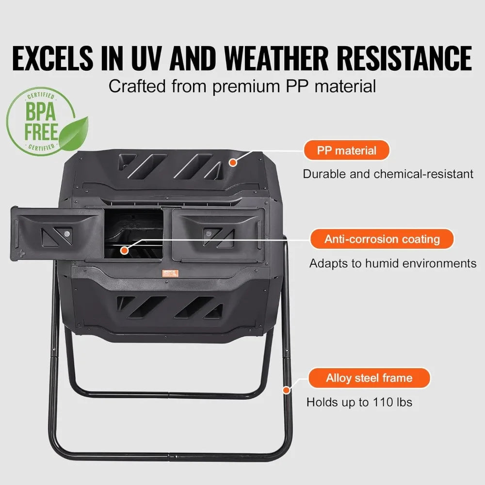 Dual Chamber Composting Tumbler With Sliding Doors And BPA Free Steel Frame