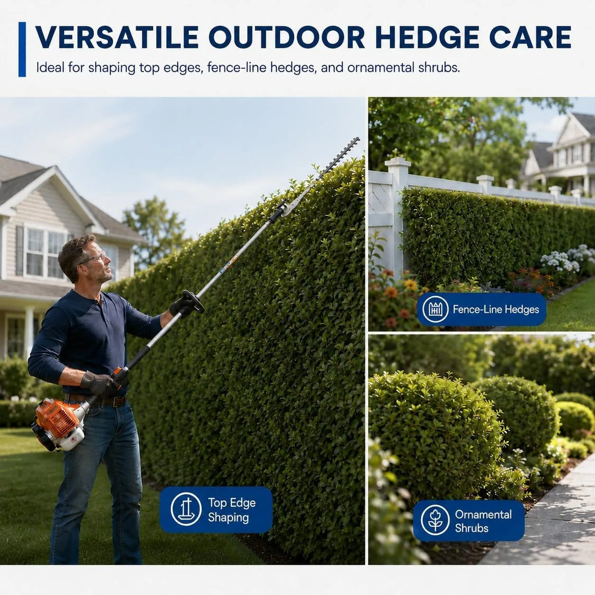 43cc Gas Hedge Trimmer 4 in 1 Garden Tool Long Reach Pole Trimmer Adjustable Cutting Head Brush Cutter Lawn Care Tool Quick Connect Attachment System