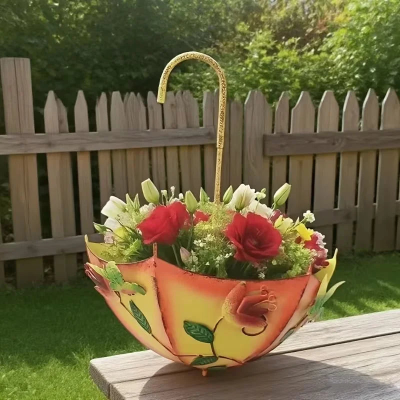Wall Mounted Metal Umbrella Flower Basket Hanging Planter Stand