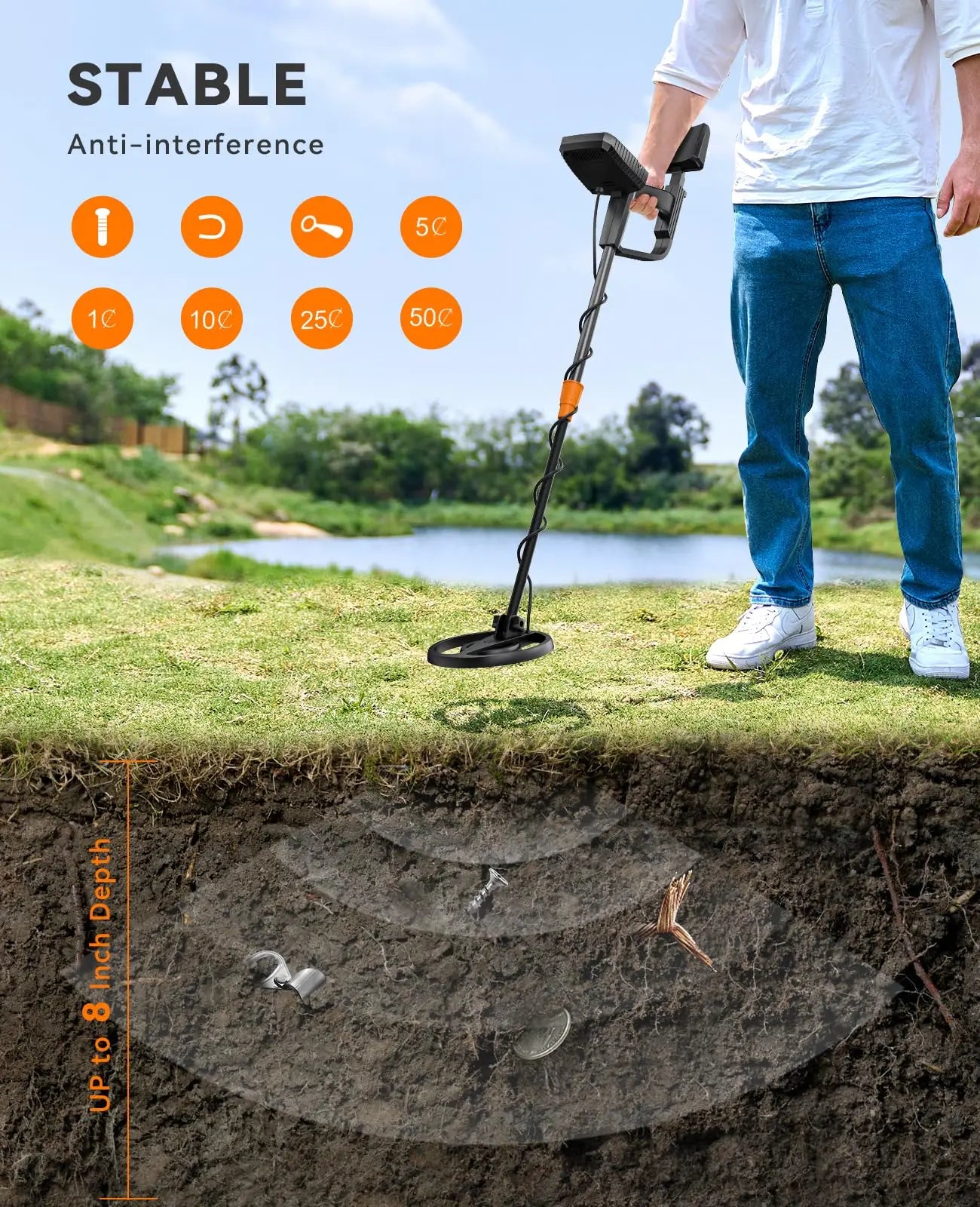 SUNPOW Metal Detector for Adults & Kids, 8"  IP68 Waterproof Coil, 4 Detection Modes Large LCD, Lightweight CE Certified for Family Outdoor Gold Treasure Hunting, MD13