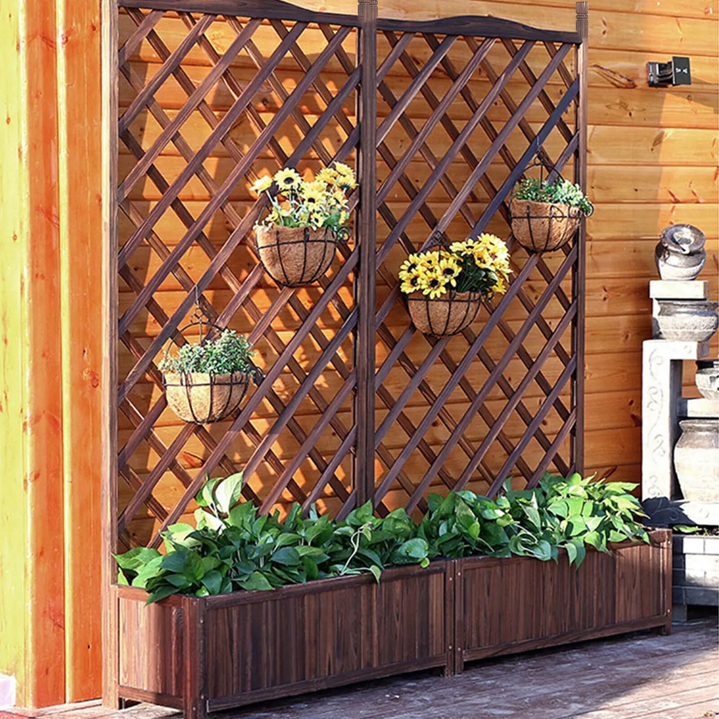 Raised Wooden Garden Bed With Trellis For Vegetable Plants