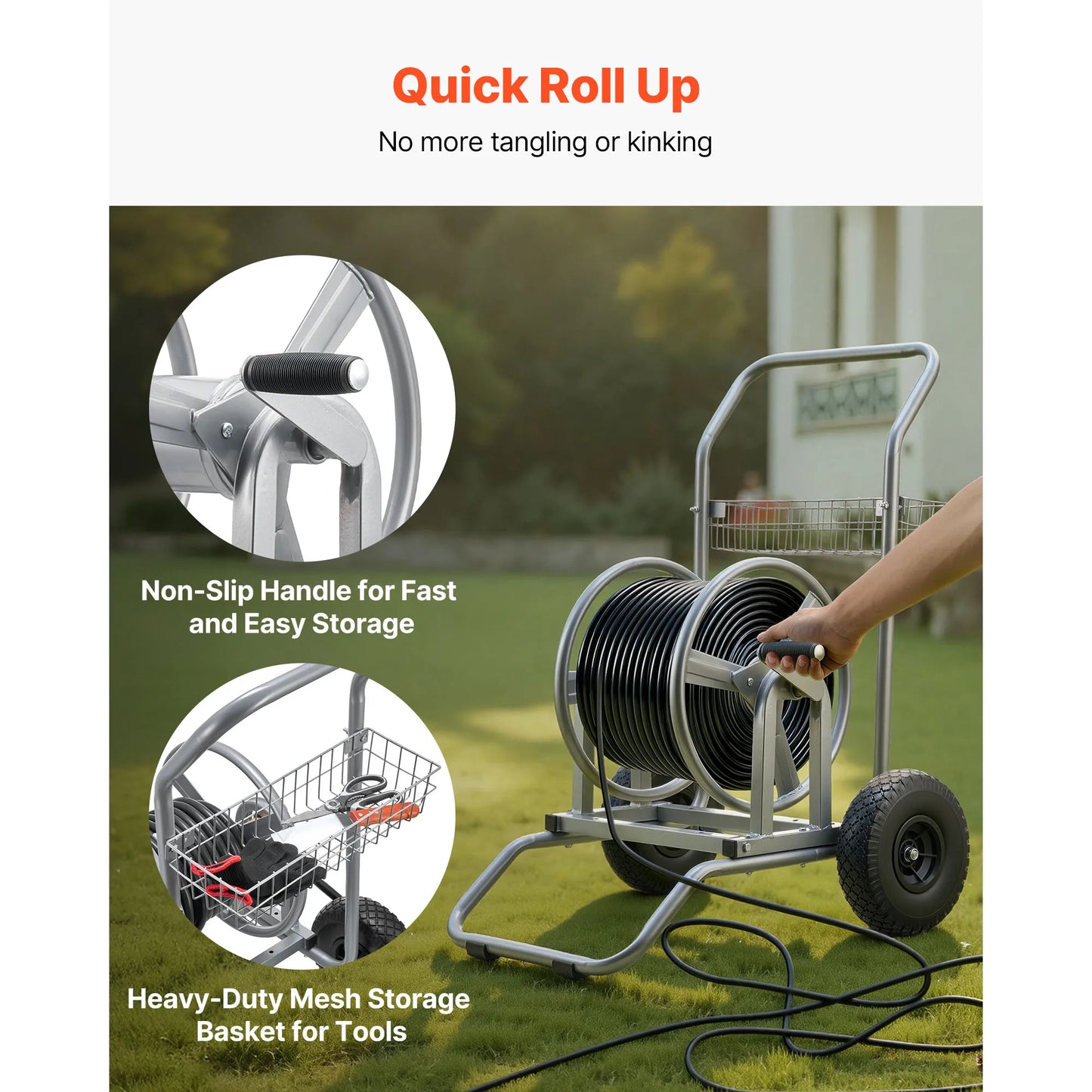 SucceBuy Water Hose Reel Cart 200/300ft High-Pressure Garden Hose Cart with Two Wheels Handle & Mesh Storage Basket for Garden