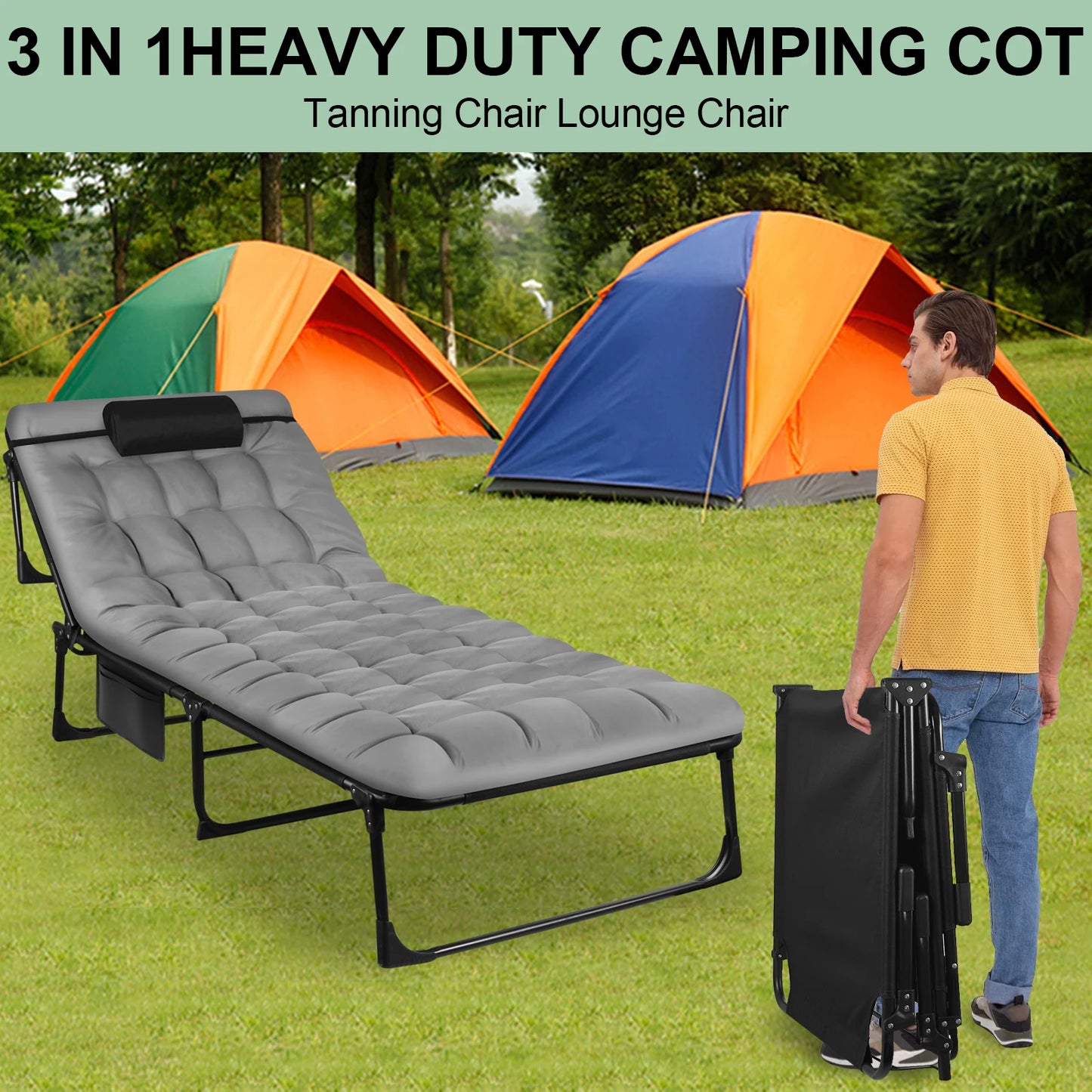 Portable Folding Camping Cot With 3 Position Reclining Chair And Pillow
