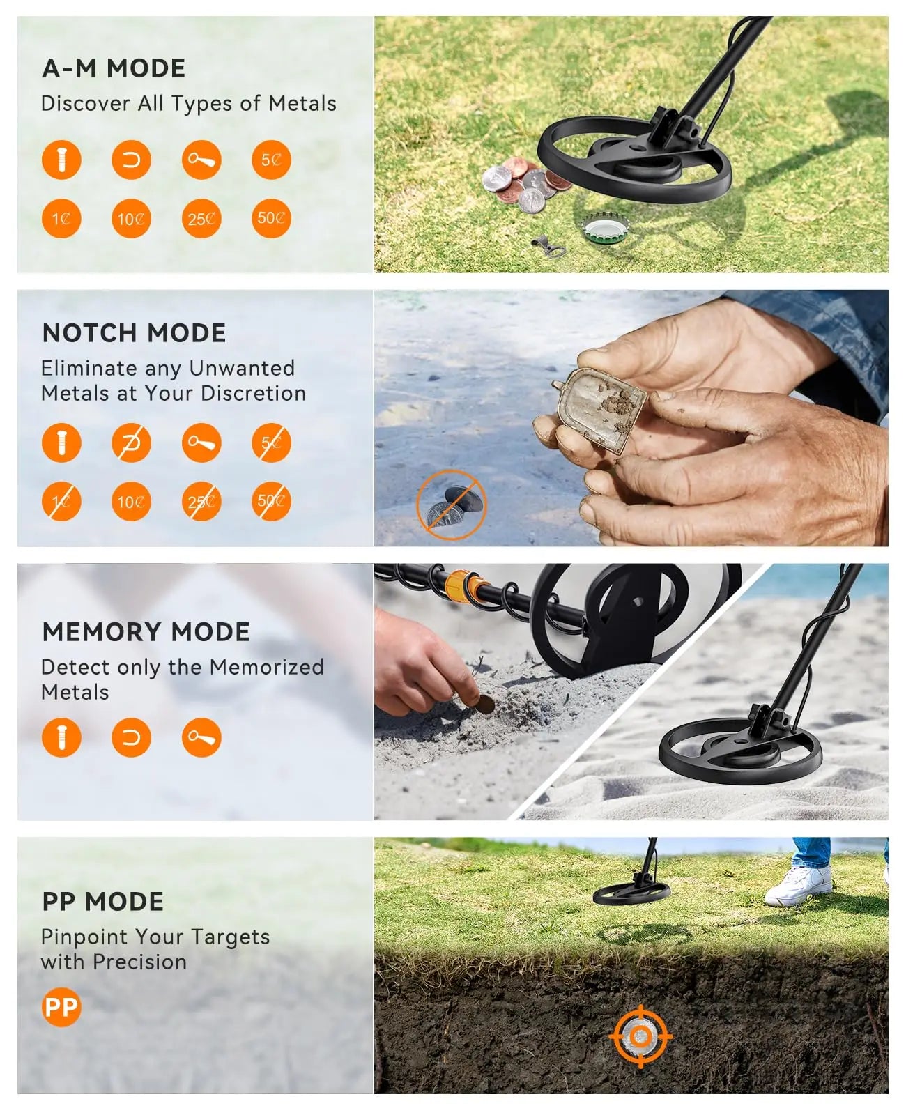 SUNPOW Metal Detector for Adults & Kids, 8"  IP68 Waterproof Coil, 4 Detection Modes Large LCD, Lightweight CE Certified for Family Outdoor Gold Treasure Hunting, MD13