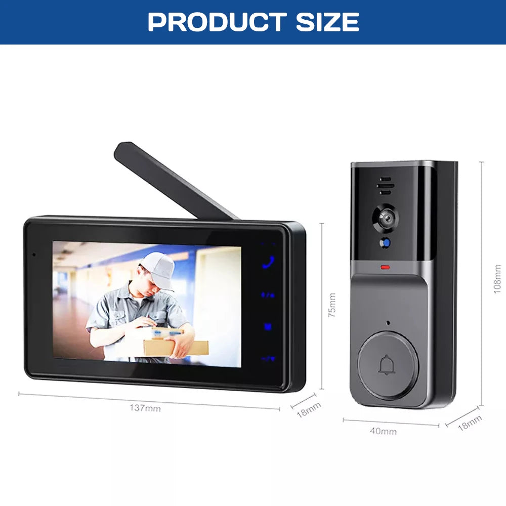 4.3" HD IPS Screen Wireless Visual Intercom Doorbell, 2.4G Smart Video Doorbell Camera 2-Way Talk Audio, Clear Night Vision Low Consumption Long Standby No WiFi Needed Household Home Security Monitoring System