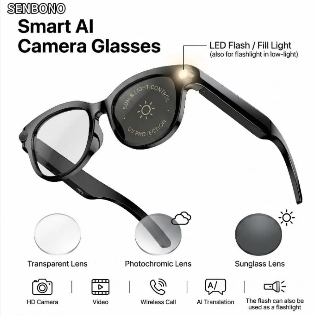 SENBONO AI Smart Glasses With 2MP/5MP/8MP Cameras AI Translation