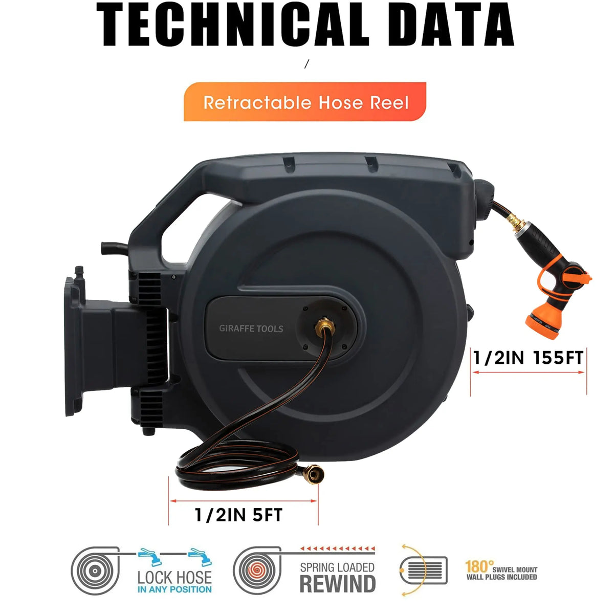 Giraffe Tools Retractable Garden Hose Reel 1/2 Inch x 155 with 5 ft Leader Hose, Heavy Duty, Any Length Lock, Slow Return System, Wall Mounted and 180 Deg Swivel Bracket