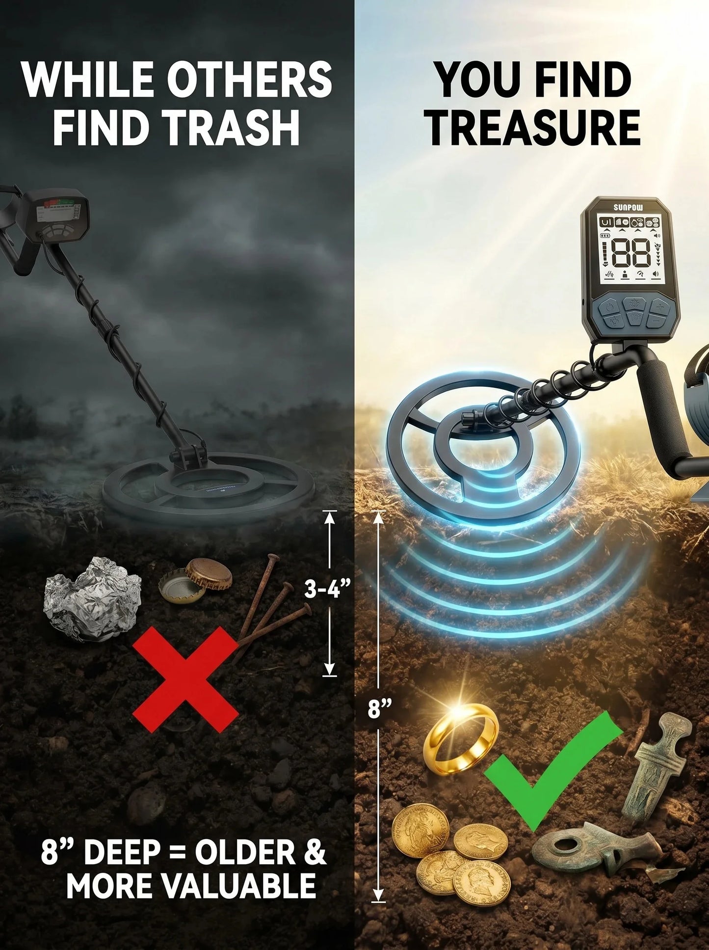SUNPOW Metal Detector, Entry Level for Kids & Adults, 8" IP68 Waterproof Coil, Rechargeable 4 Modes 20H Runtime Lightweight LCD, Family Outdoor Beach Treasure Hunting