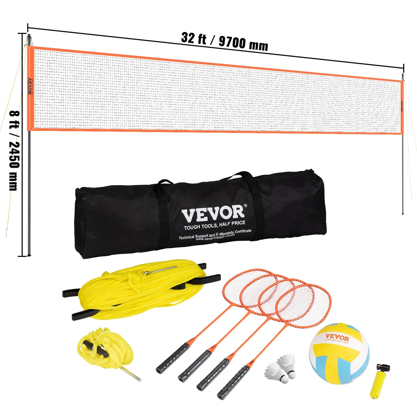 SucceBuy Outdoor Volleyball and Badminton Set with Adjustable Poles Carrying Bag
