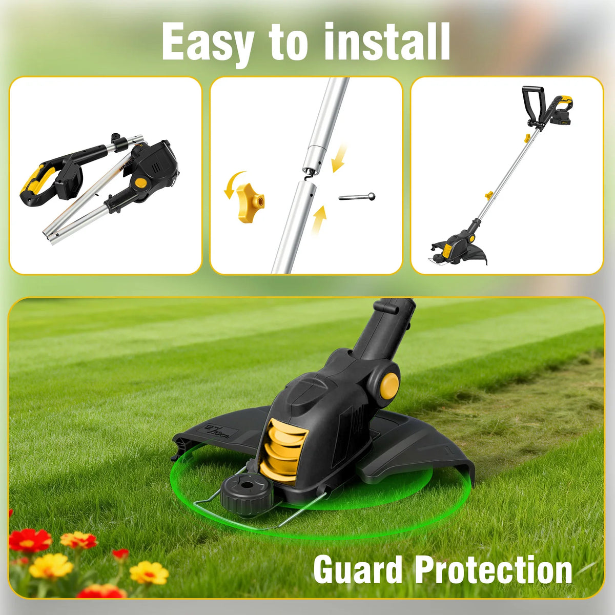 3 In1 Cordless String Trimmer 12-Inch 90° Rotatable Electric Lawn Mower Lightweight Brushless 9650RPM 10 Spools 2x2.0Ah Batteries & Charger for Lawn Garden Power Tool